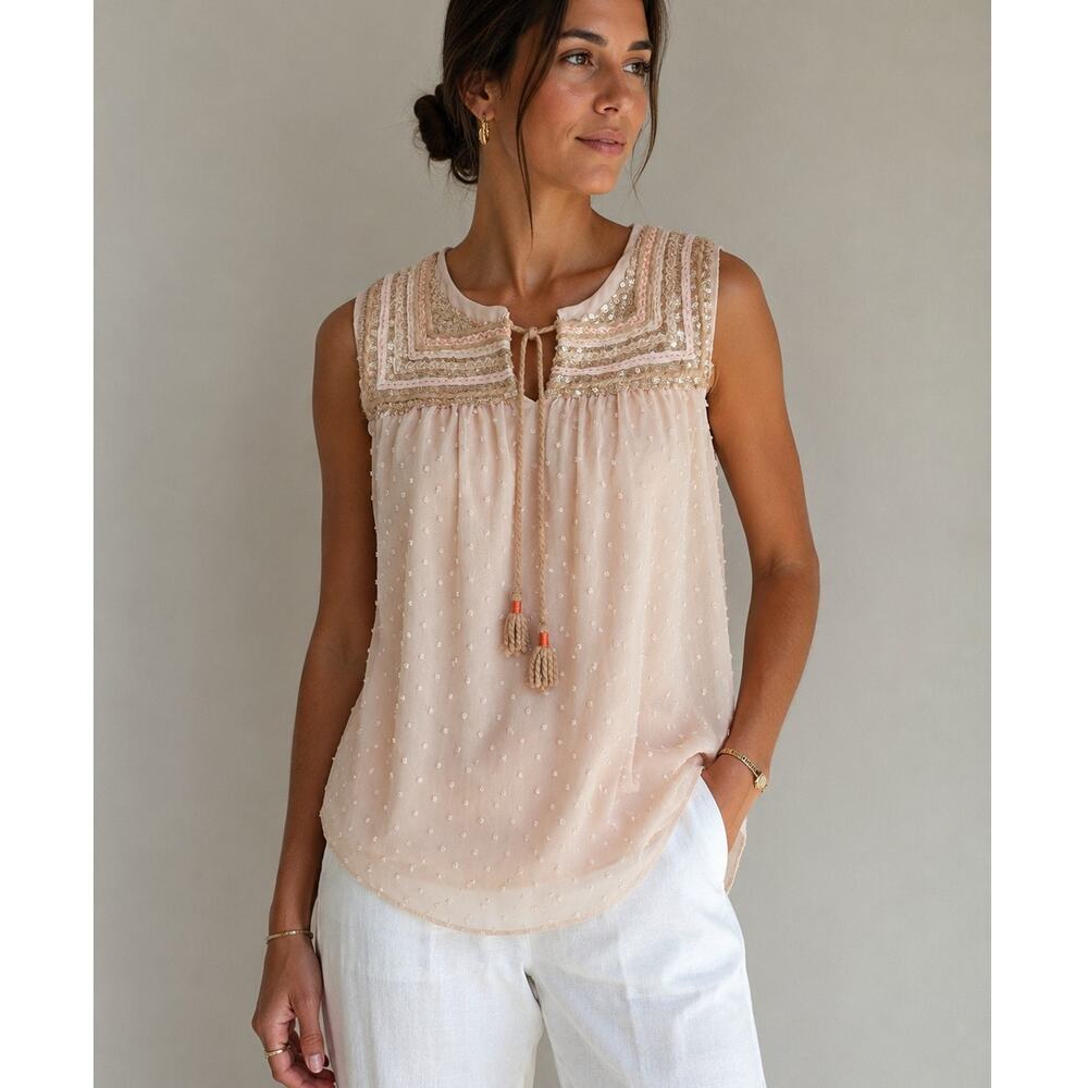 A Common Thread Blush Sequin Swiss Dot Tassel Boho Tank Top Size Small